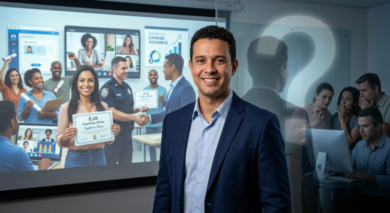 Mateus Óliver, fundador do EJA Supletivo Óliver, em um cenário dividido: de um lado, ele aparece sólido e confiante com alunos online e diplomas; do outro, sua silhueta está esmaecida com um ponto de interrogação, representando a questão de sua possível ausência e o impacto nos estudantes.