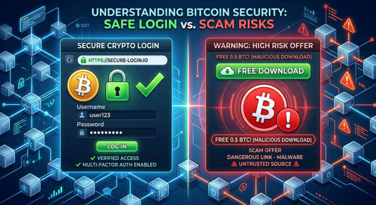 Ilustração comparando login oficial e download gratuito em empréstimo com Bitcoin, destacando segurança e risco.