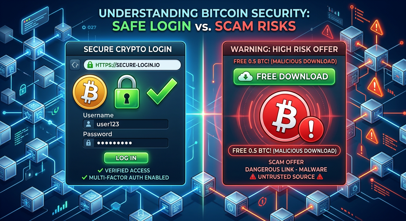 Ilustração comparando login oficial e download gratuito em empréstimo com Bitcoin, destacando segurança e risco.