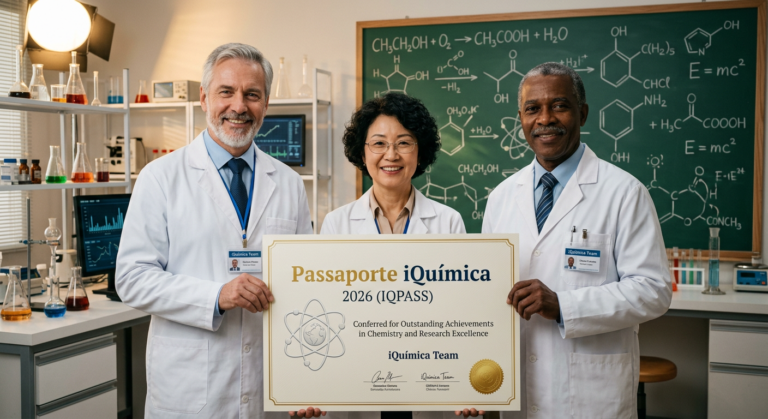 Equipe iQuímica apresentando o Passaporte iQuímica 2026 (IQPASS) em frente a quadro com fórmulas químicas.