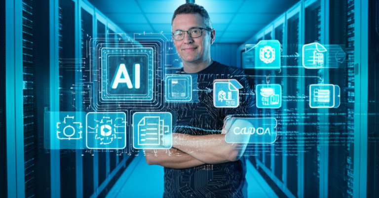 Portrait of a Brazilian AI engineer with holographic GPU, Kubernetes, and RAG pipeline graphics in a data‑center setting.