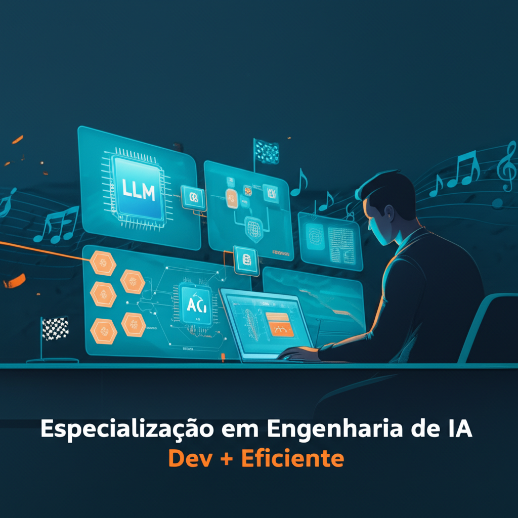 Developer surrounded by holographic AI diagrams (LLM, RAG, agents, workflows) with sport and music motifs, representing the Engenharia de IA Dev + Eficiente specialization.