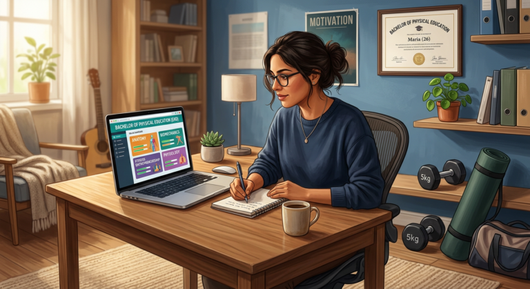 Estudante de Educação Física estudando online em casa, com equipamentos esportivos ao redor.