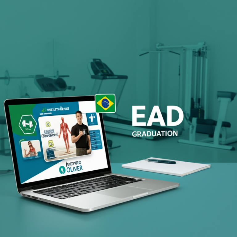 Ilustração de estudante de Educação Física fazendo curso EAD no Instituto Óliver, com laptop, ícones de fitness e equipamentos de academia ao fundo.