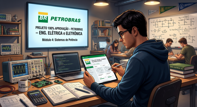 Estudante de engenharia estudando o curso Projeto 100% Aprovação – PETROBRAS – Eng. Elétrica e Eletrônica com tela exibindo o logo da Petrobras