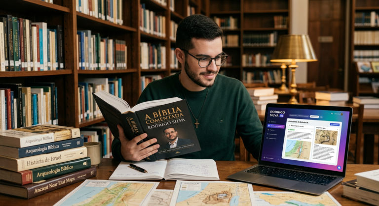 Estudante de teologia segurando a Bíblia Comentada de Rodrigo Silva enquanto usa o aplicativo em um laptop, rodeado por livros de arqueologia e mapas antigos
