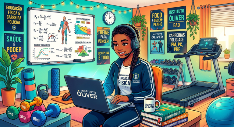 Estudante de Educação Física estudando online em casa com equipamentos de ginástica