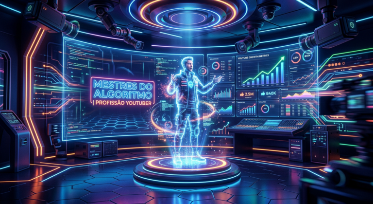 Estúdio de criação de conteúdo digital com gráficos de algoritmo e holograma de apresentador.