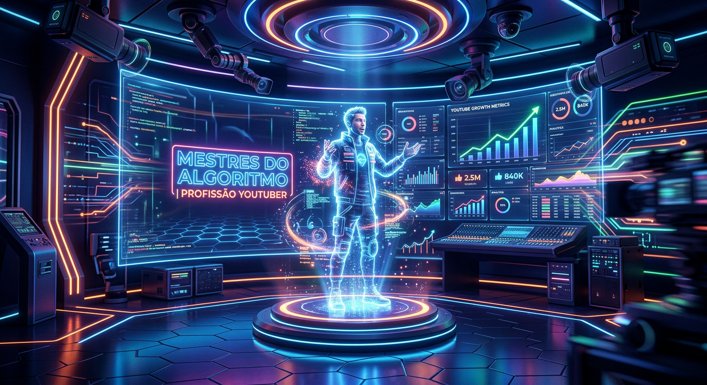 Estúdio de criação de conteúdo digital com gráficos de algoritmo e holograma de apresentador.
