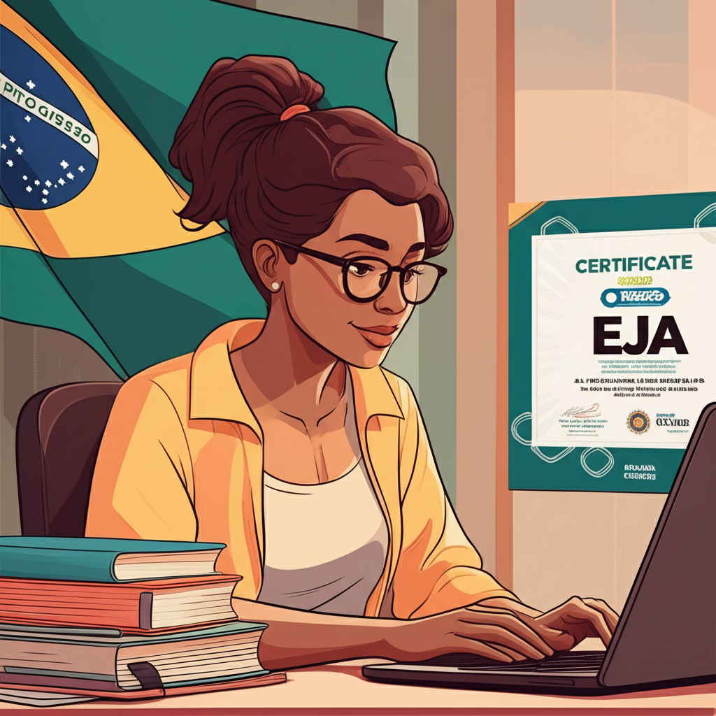 Adulto estudando EJA online no Instituto Óliver com laptop e certificado digital