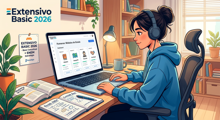 Student studying with Extensivo Basic 2026 course materials on a laptop