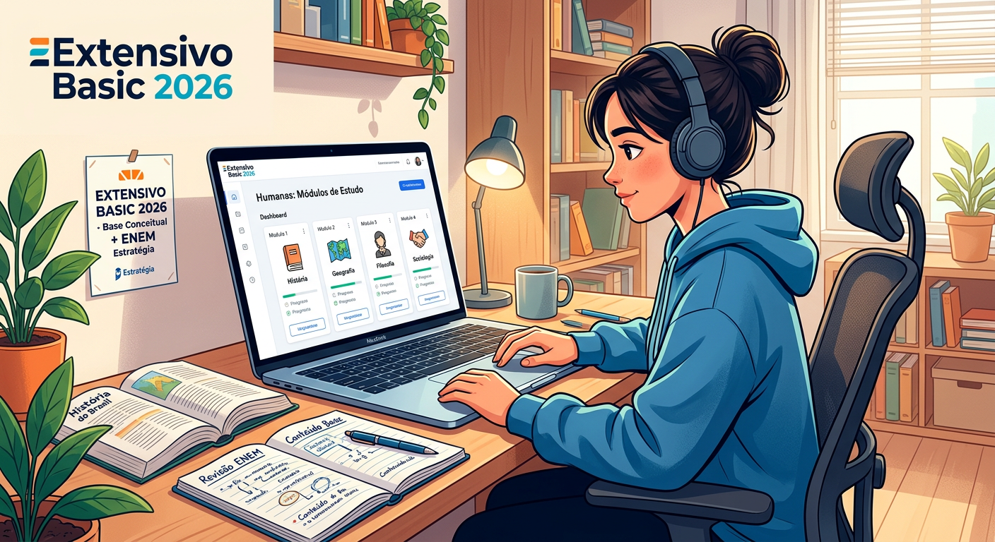 Student studying with Extensivo Basic 2026 course materials on a laptop