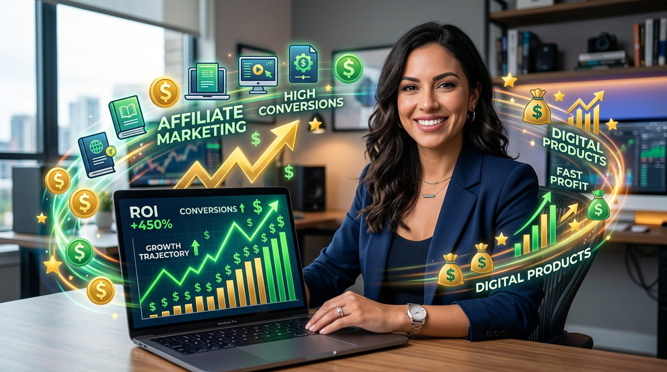 Mulher profissional em ambiente digital com gráficos de dólar e ícones de marketing de afiliados, representando a Formação Afiliado Avançado + Kit Fast Dólar de Tayna Gauche.