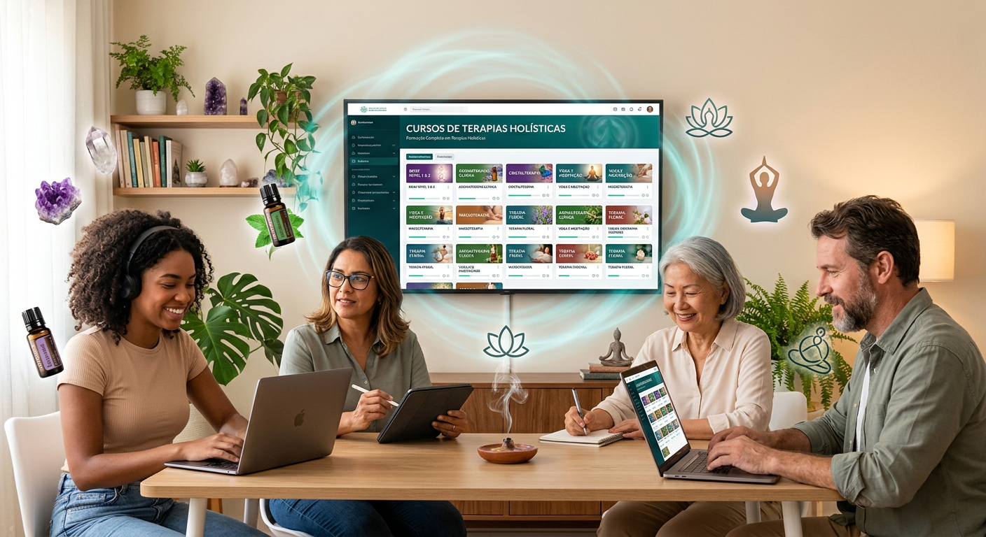 Estudantes participando de uma formação online em terapias holísticas com mais de 70 cursos, utilizando ferramentas como cristais, óleos essenciais e dispositivos de Reiki