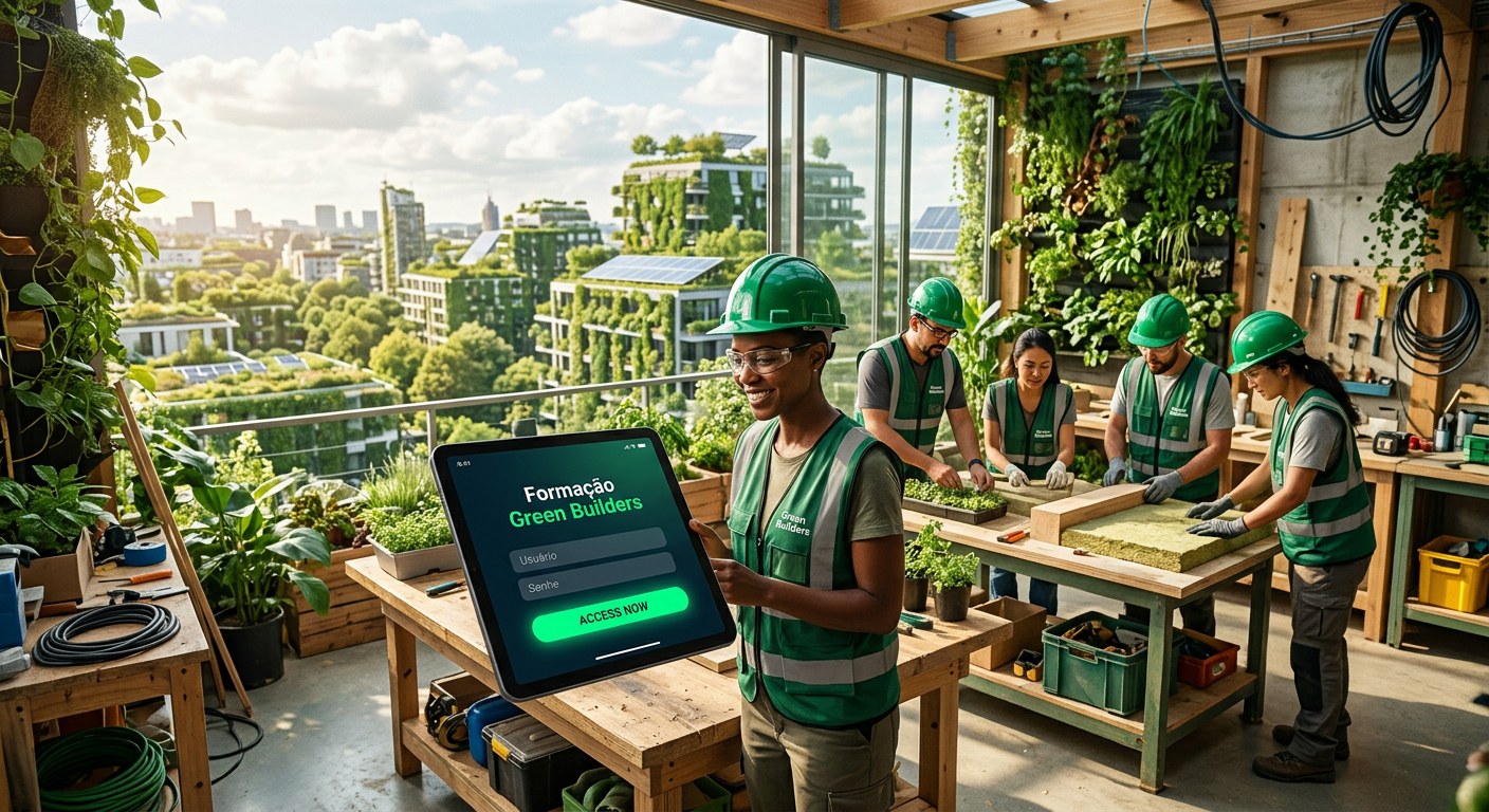 Profissionais em treinamento de green building trabalhando em jardins verticais e telhados verdes com interface digital de login