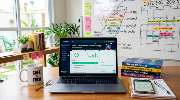 Imagem ilustrativa do curso Fórmula Enriquecendo Online VIIP, mostrando laptop, celular com WhatsApp e materiais de marketing digital em um ambiente de estudo.