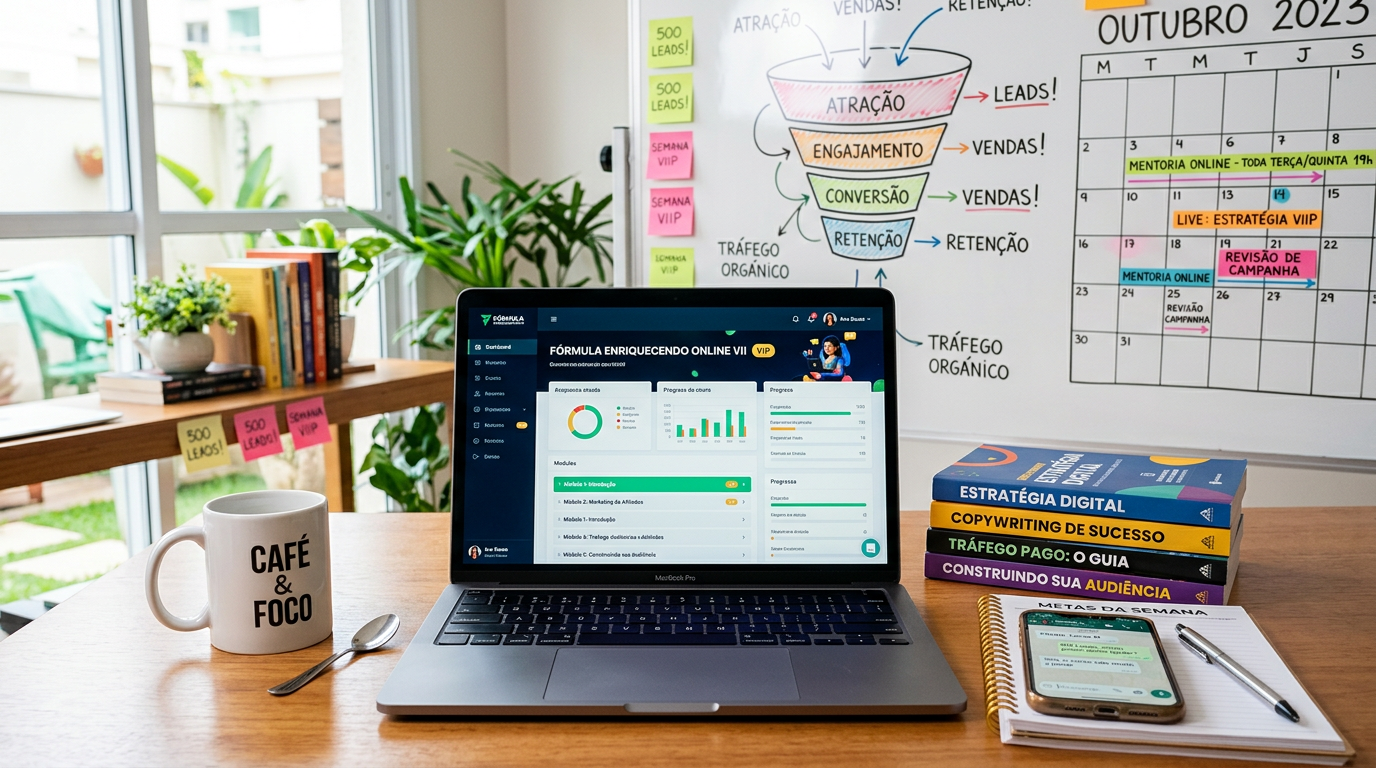 Imagem ilustrativa do curso Fórmula Enriquecendo Online VIIP, mostrando laptop, celular com WhatsApp e materiais de marketing digital em um ambiente de estudo.