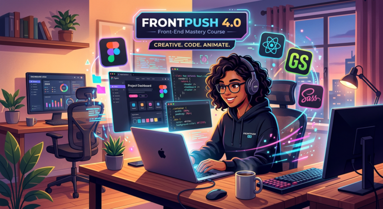 Imagem ilustrativa do curso FrontPush 4.0 com um desenvolvedor front‑end trabalhando em um projeto de UI e motion design.