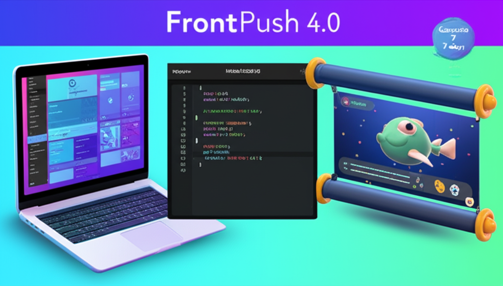 Visão geral do curso FrontPush 4.0 mostrando UI Design no Figma, desenvolvimento Front-End com React e animações GSAP, e integração 3D com Spline.