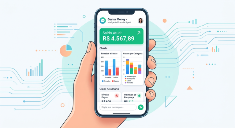 Smartphone screen with WhatsApp interface and financial dashboard