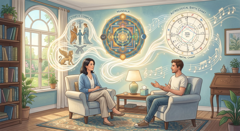Illustration of holistic psychotherapy combining psychoanalytic symbols, astrology, music, and a calm clinical setting