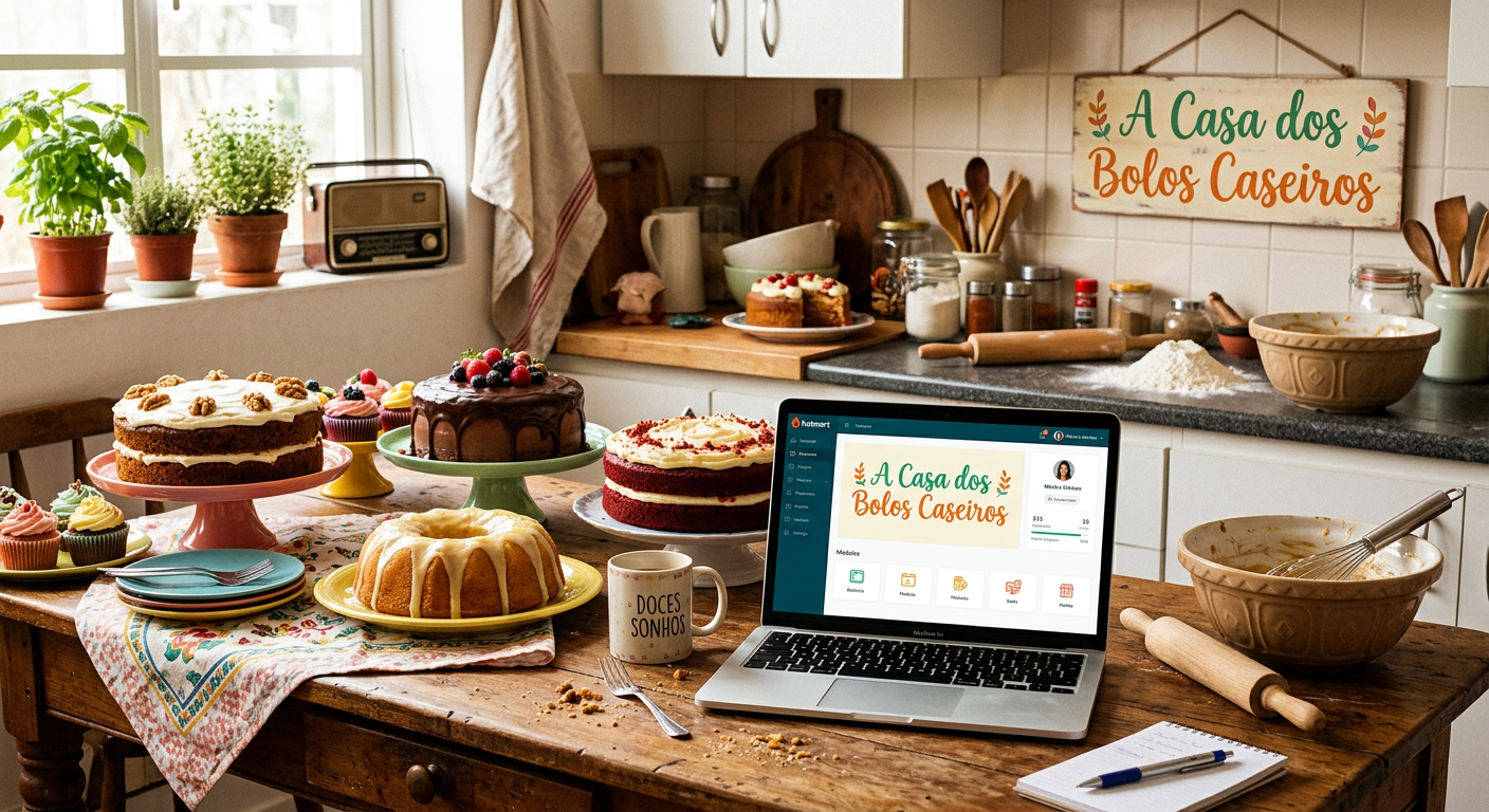 Cozy kitchen scene with homemade cakes, a laptop showing the Hotmart dashboard for "A Casa dos Bolos Caseiros".
