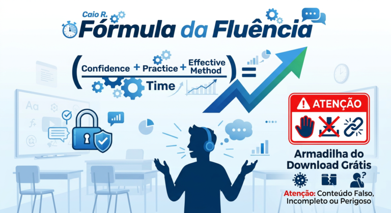 Infográfico digital do curso Fórmula da Fluência de Caio R, com fórmula, atalho, cadeado de login e símbolo de armadilha de download grátis.