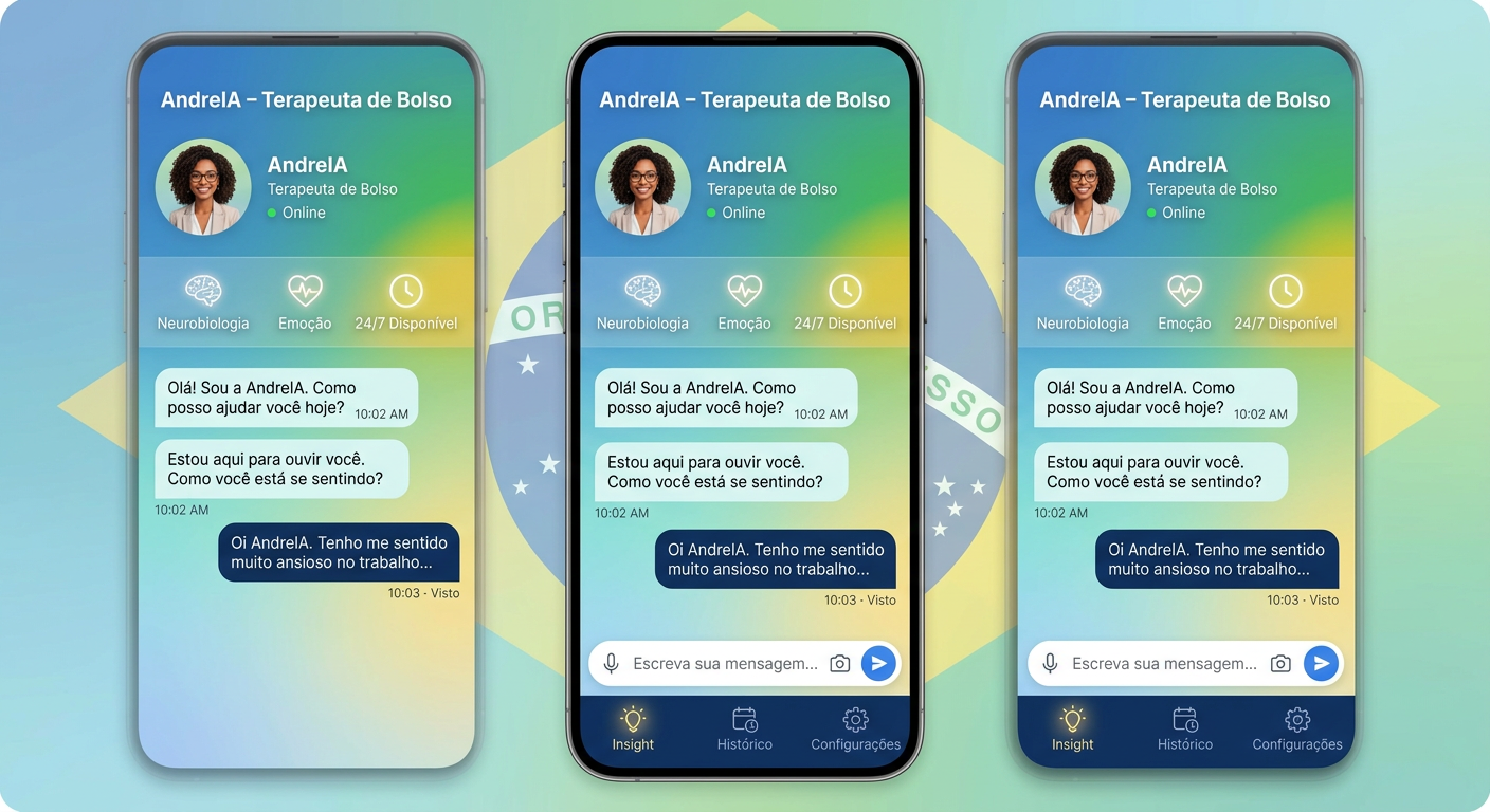 Interface do aplicativo AndreIA – Terapeuta de Bolso com avatar de IA amigável e ícones de psicanálise e neurociência.