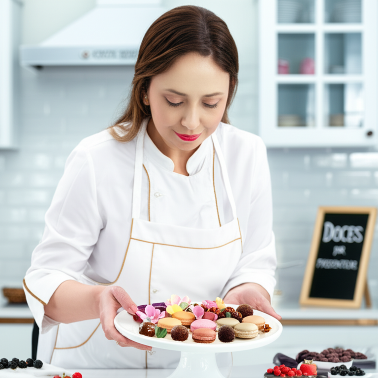 Chef Ísis Alvarez apresentando doces finos e sofisticados prontos para presentear.