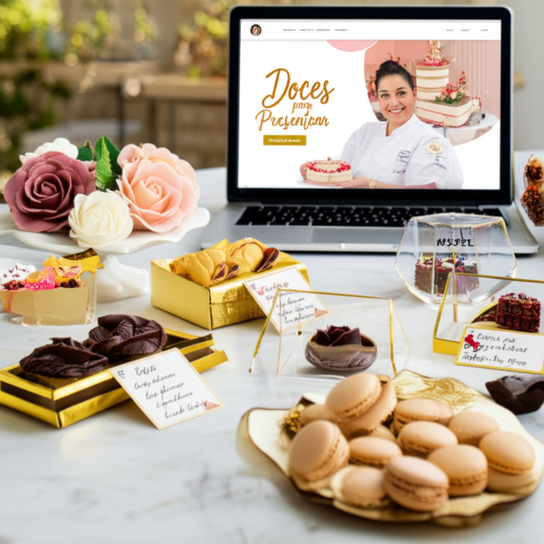 Ísis Alvarez apresentando doces finos e sofisticados em um ambiente de confeitaria, com embalagens douradas e um laptop exibindo o curso online.