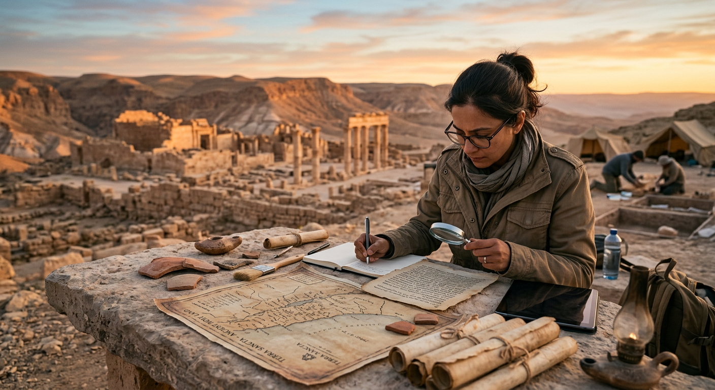Historiador estudando mapas e artefatos antigos no Oriente Médio sob um raio de luz dourada, simbolizando a descoberta histórica de Jesus.
