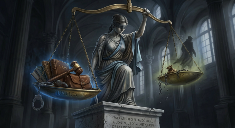 Lady Justice com balança desequilibrada, simbolizando a luta entre justiça e impunidade no sistema jurídico brasileiro.
