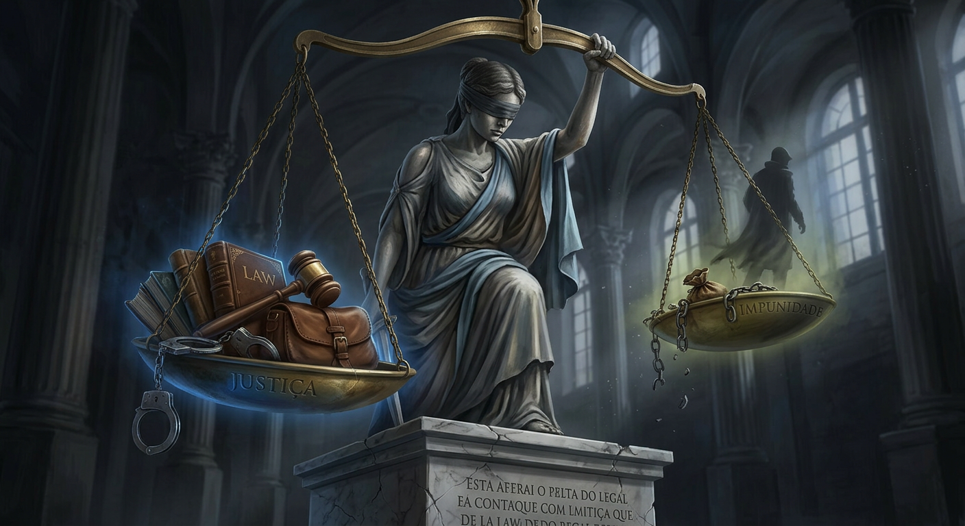 Lady Justice com balança desequilibrada, simbolizando a luta entre justiça e impunidade no sistema jurídico brasileiro.