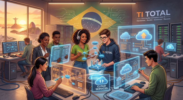 Diversos profissionais de TI e estudantes colaborando em laboratório virtual com telas holográficas exibindo diagramas de rede e nuvem, ilustrando o curso TI Total.