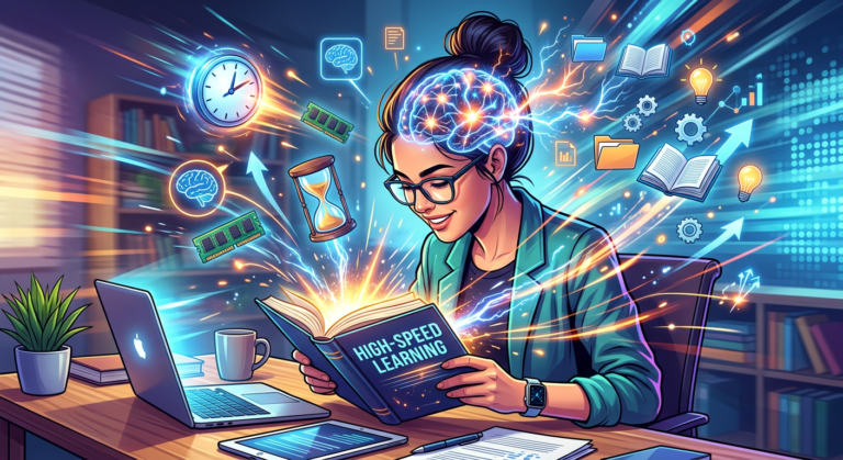 Imagem ilustrativa de um profissional lendo rapidamente com linhas de velocidade e neurônios brilhantes, simbolizando leitura dinâmica e memorização