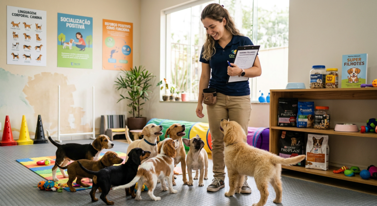 Marina Volanski treinando filhotes em uma sala de aula com materiais de comportamento e nutrição