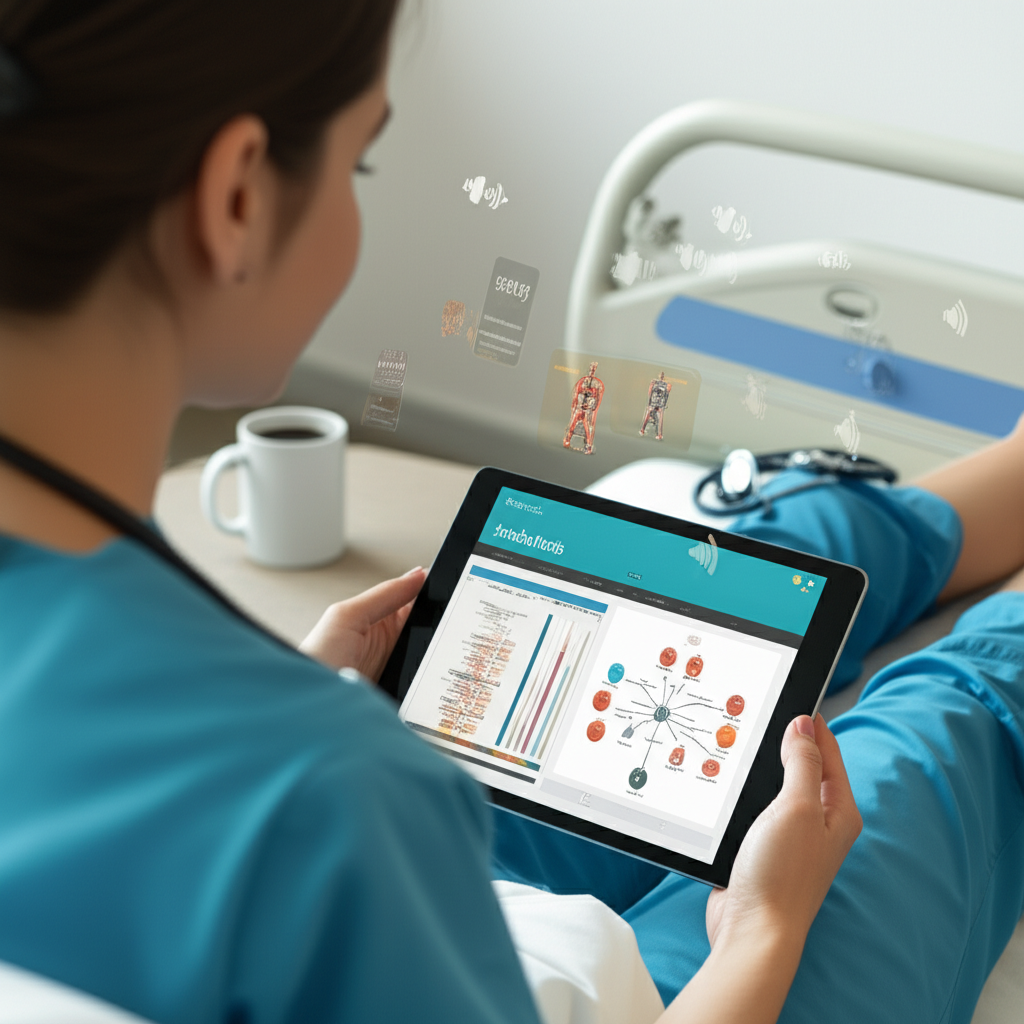 Estudante de medicina usando tablet com flashcards do Medcards (Combo Elite) mostrando algoritmo de repetição espaçada e recursos multimídia.