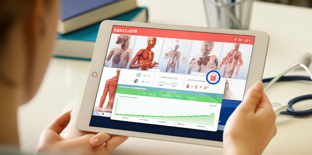 Estudante de medicina usando tablet com a plataforma Medcards Combo Elite, mostrando flashcards, imagens anatômicas e gráficos de repetição espaçada.