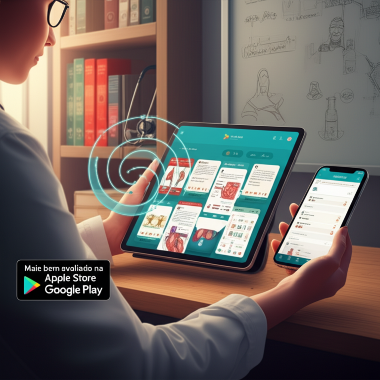 Estudante de medicina usando tablet e smartphone com a interface do Medcards FULL Smart Flashcards, exibindo flashcards multimídia e banco de questões.