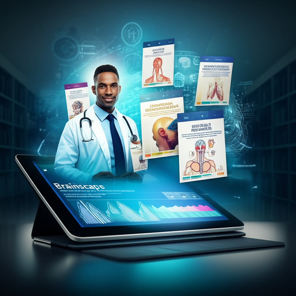 Ilustração de um fundador oftalmologista desaparecendo em meio a flashcards digitais e gráficos de algoritmo de repetição espaçada da Medcards.