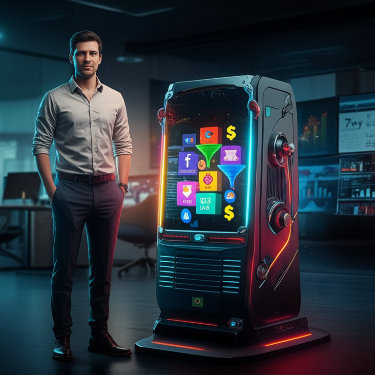 Mentor Matheus Borges apresentando a Máquina de Vendas Online, com ícones de Facebook Ads, Google Ads e funis de vendas ao redor de uma máquina futurista.