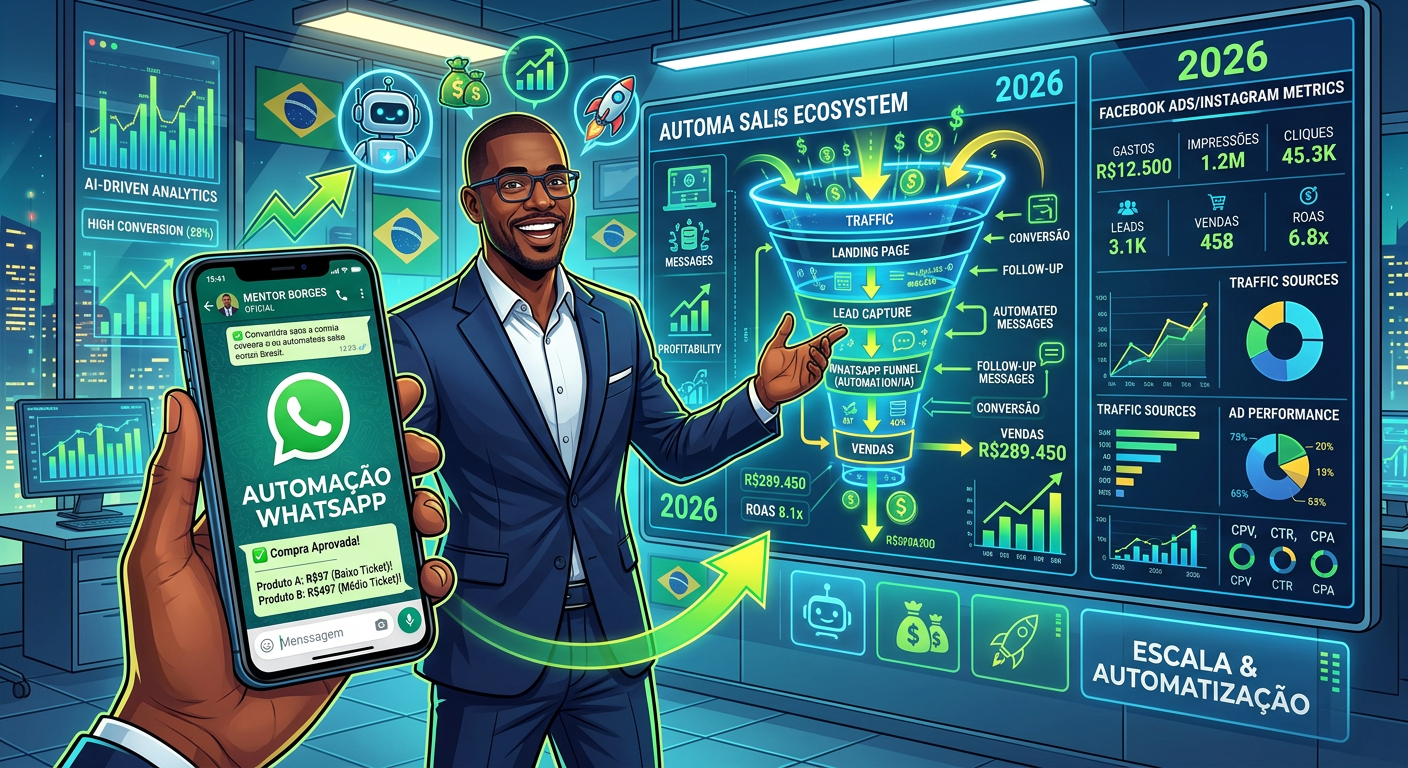 Mentor Borges presenting a digital sales funnel with WhatsApp automation and traffic ads, illustrating the 2026 automated sales system.