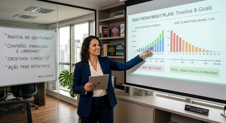 Nádia C. B. Vieira Pace, mentora financeira, em ambiente de escritório moderno segurando tablet e explicando plano de recuperação financeira