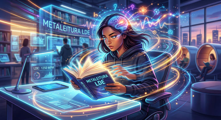 Ilustração de estudante lendo rapidamente com linhas de velocidade e ondas cerebrais, representando Metaleitura LDE.
