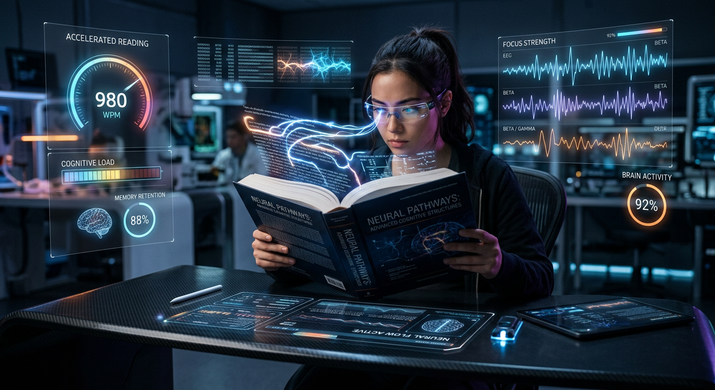 Student reading a dense academic book at super‑fast speed with glowing neural pathways