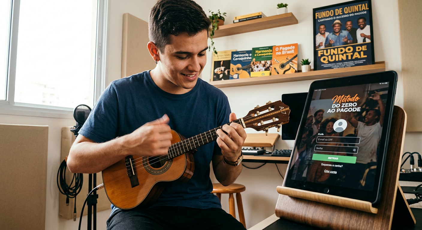 Estudante tocando cavaquinho com tela de login do Método Do Zero ao Pagode no tablet