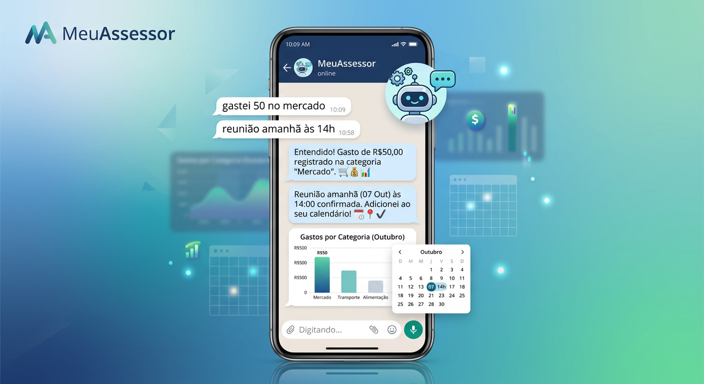 Ilustração do aplicativo MeuAssessor no WhatsApp mostrando controle financeiro e compromissos via mensagens