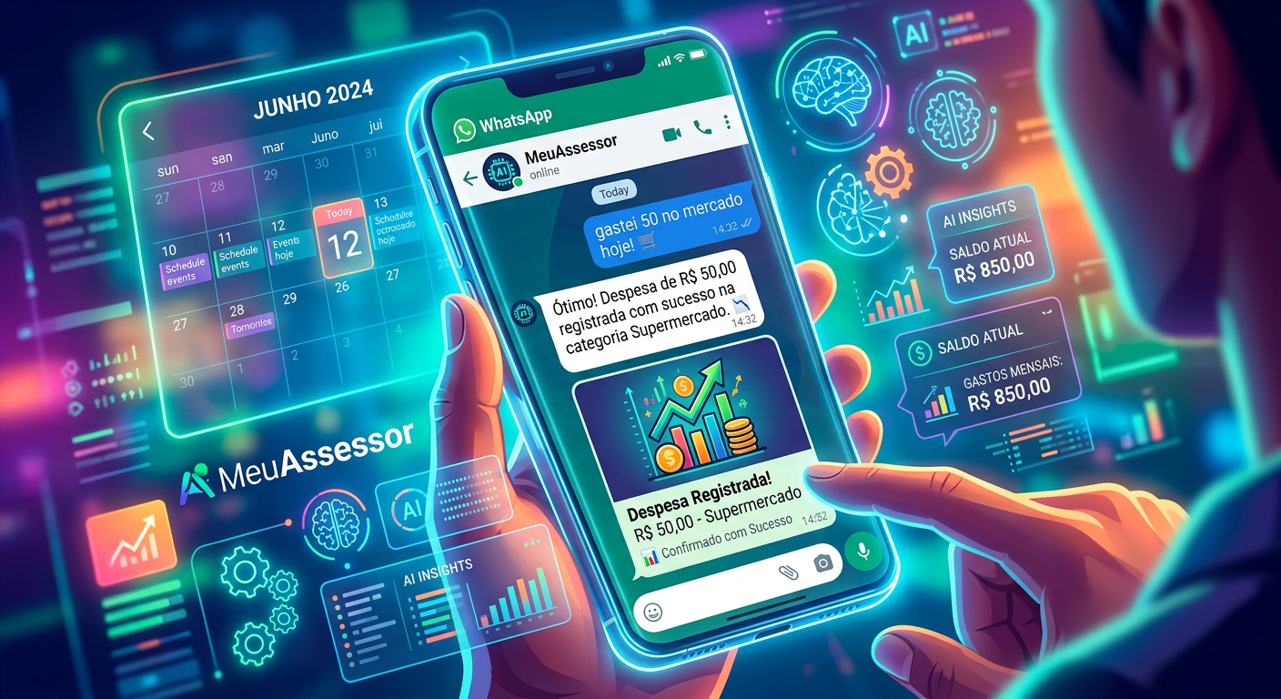 Usuário enviando mensagem no WhatsApp para o MeuAssessor, assistente digital registrando gastos e compromissos