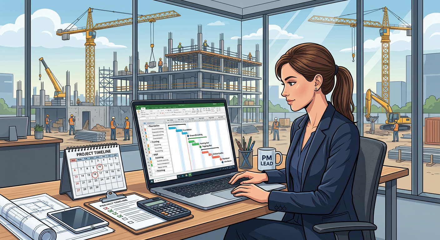 Project manager using MS Project to view a Gantt chart, with a construction site in the background.