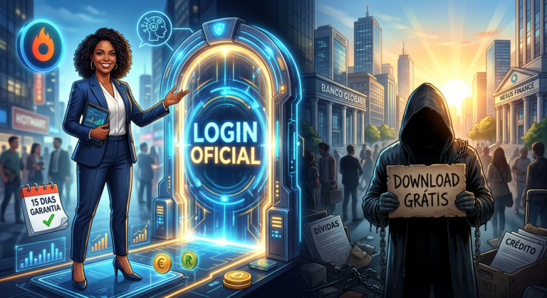 Illustration of Nádia Pace beside a glowing portal titled "Login Oficial", contrasting with a shadowy figure holding a "Download Grátis" sign, symbolizing the choice between official course access and free download trap, with financial freedom elements in background.